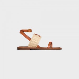 Beige / Tan Celine LYMPIA FLAT STRAP in RAFFIA & CALFSKIN - VEGETAL TANNING Sandals | CL-592577