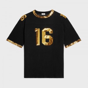 Black / Gold Celine 16 embroidered in jersey mesh T-shirts | CL-592124