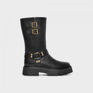 Black / Gold Celine BULKY MID BIKER WITH HARNESS in CALFSKIN - VEGETAL TANNING Boots | CL-592502