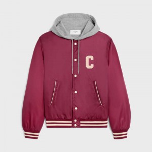 Burgundy Celine oversized hooded teddy in nylon Blousons | CL-591952