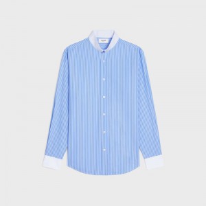 Ciel/Blanc Celine loose with inverted collar in striped cotton Shirts | CL-592173