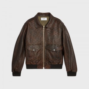 Dark Brown Celine aviator blouson in embossed Leather | CL-591928