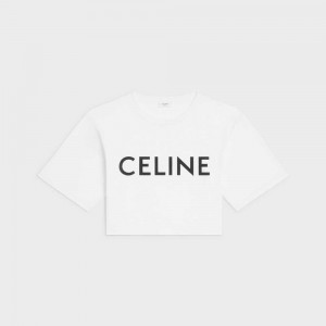 Ecru / Black Celine CROPPED IN COTTON JERSEY T-shirts | CL-592791