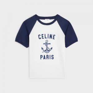 Off White / Navy Celine Paris anchor in cotton jersey T-shirts | CL-592784