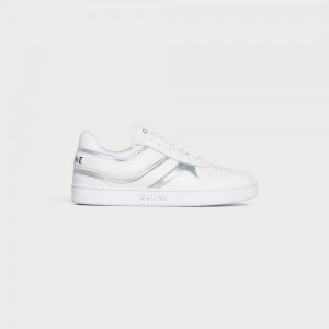 Optic White/Silver Celine TRAINER LOW LACE-UP in CALFSKIN & LAMINATED CALFSKIN Sneakers | CL-592550