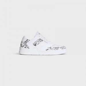 Optic White / Black Celine C07 TRAINER LOW LACE-UP in CALFSKIN & ZEBRA STAMPED CALFSKIN Sneakers | CL-591899