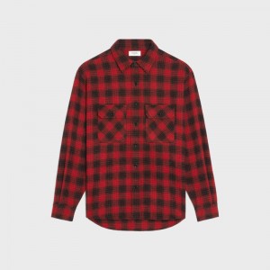 Red/ Black Celine LOOSE IN CHECKED WOOL Shirts | CL-592158