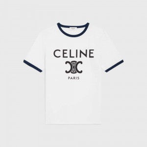 off white / navy / black Celine IN COTTON JERSEY T-shirts | CL-592783