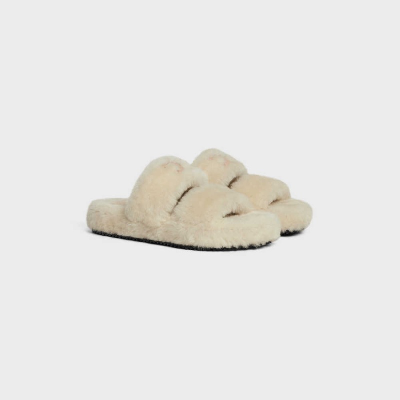 Beige/Nude Celine FUR SLIDES TRIOMPHE OPEN SLIDES in Shearling Loafers | CL-592538