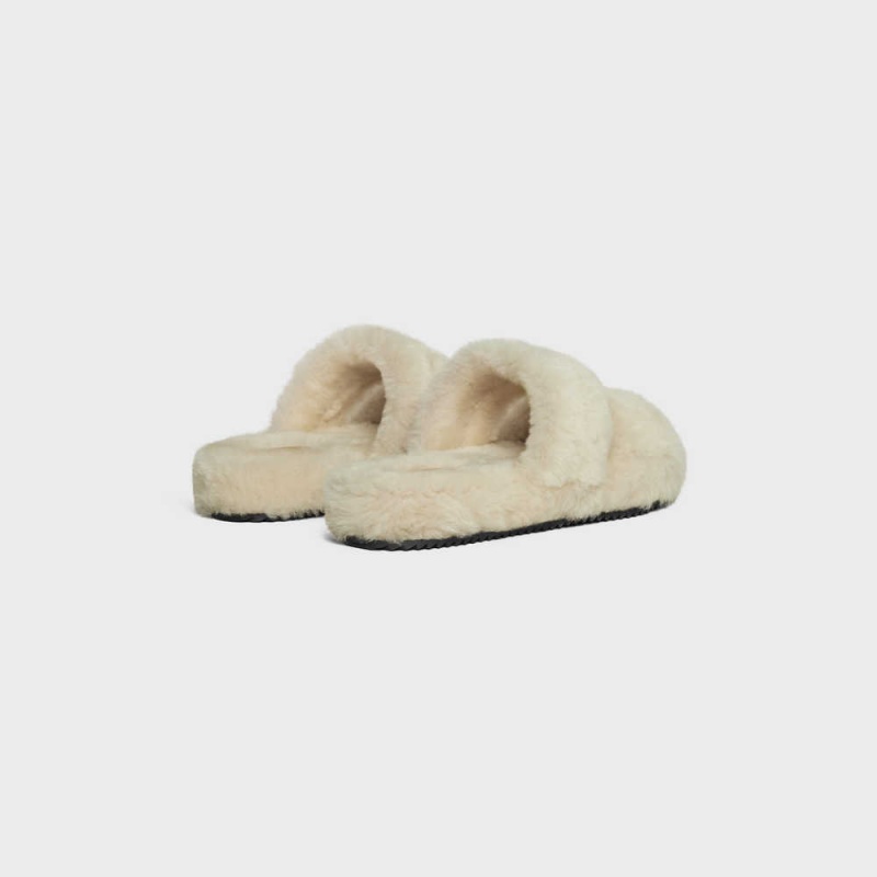 Beige/Nude Celine FUR SLIDES TRIOMPHE OPEN SLIDES in Shearling Loafers | CL-592538