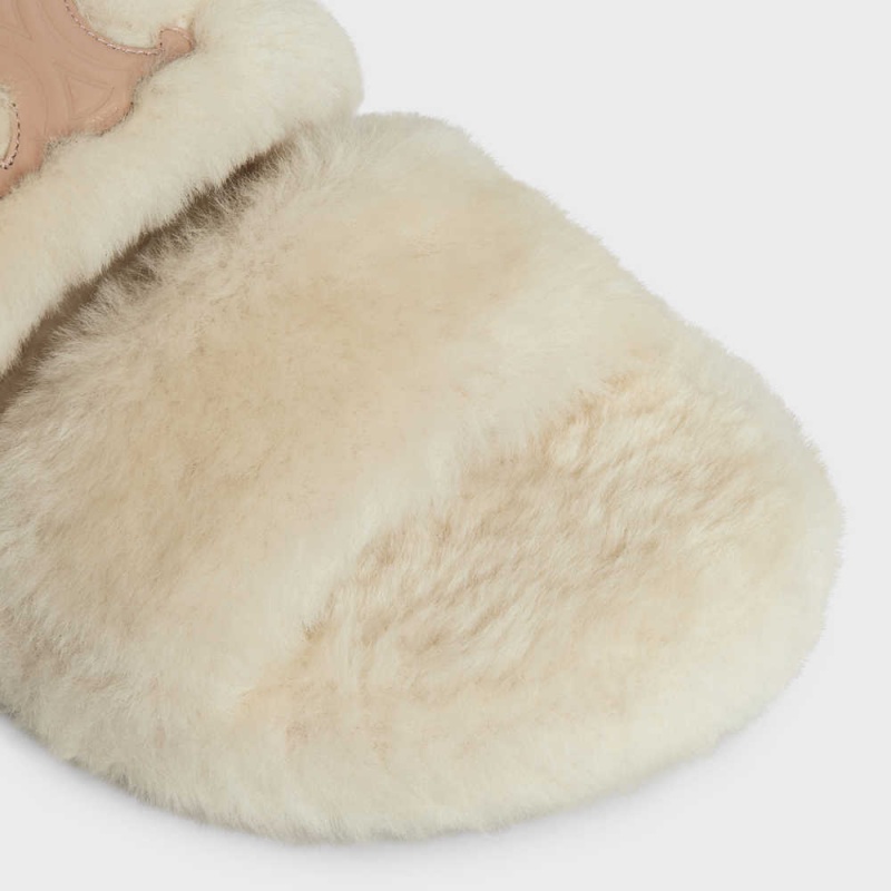 Beige/Nude Celine FUR SLIDES TRIOMPHE OPEN SLIDES in Shearling Loafers | CL-592538