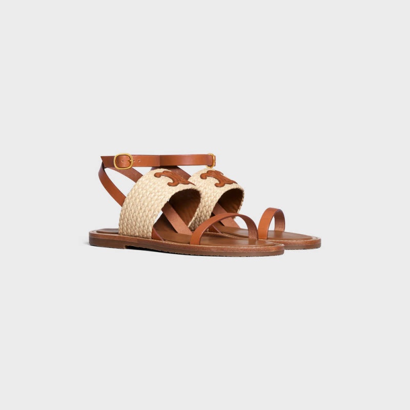 Beige / Tan Celine LYMPIA FLAT STRAP in RAFFIA & CALFSKIN - VEGETAL TANNING Sandals | CL-592577