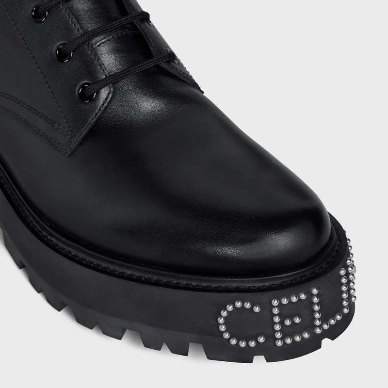 Black Celine BULKY LACE-UP WITH STUDDED OUTSOLE in SHINY BULL Boots | CL-591878