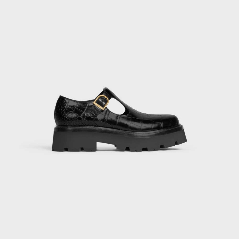 Black Celine Bulky triomphe perforated babies in CROCODILE STAMPED CALFSKIN Loafers | CL-592532