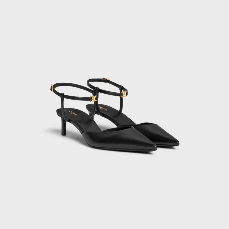 Black Celine KITTEN WITH STRAP TRIOMPHE in CALFSKIN GOLD FINISHING Pumps | CL-592559