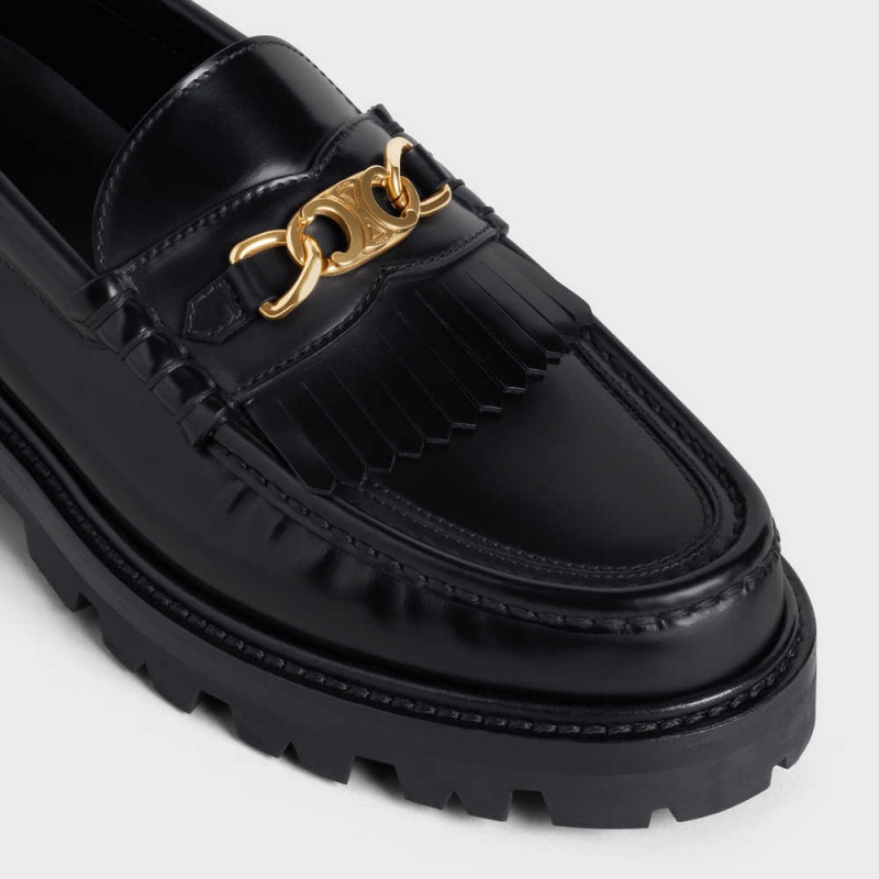 Black Celine MARGARET WITH TRIOMPHE CHAIN in POLISHED BULL Loafers | CL-592524