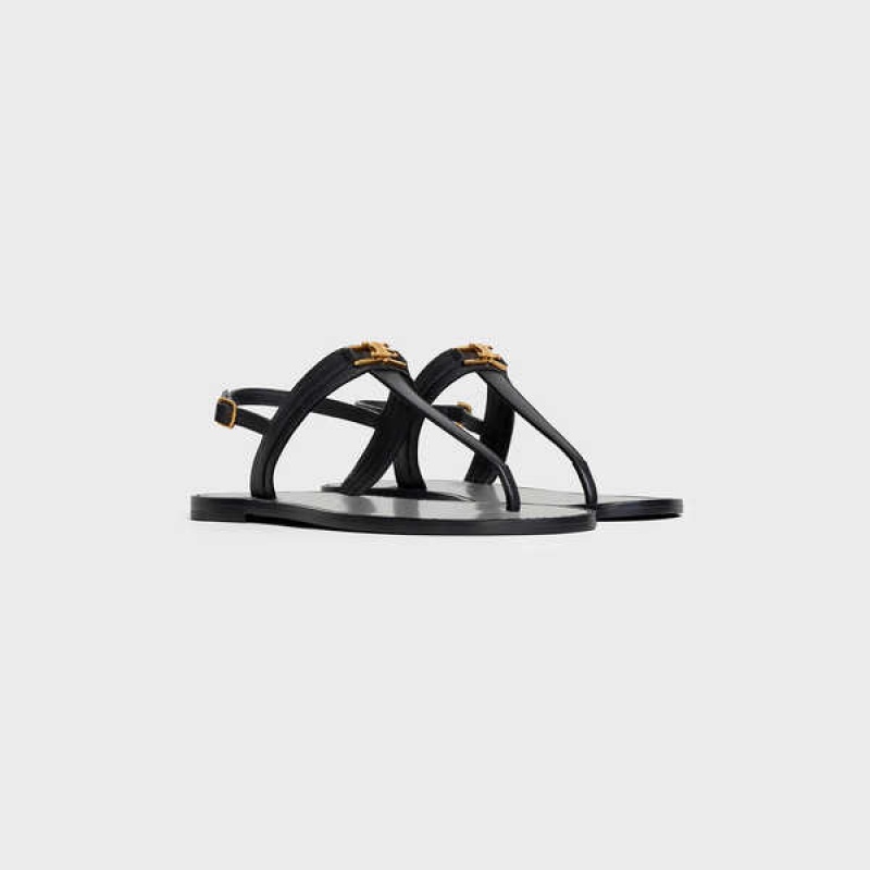 Black Celine Triomphe Thong in Vegetable - Tanned Calfskin Sandals | CL-592588