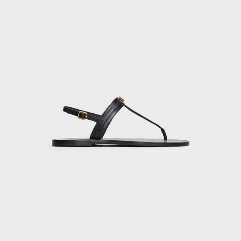 Black Celine Triomphe Thong in Vegetable - Tanned Calfskin Sandals | CL-592588