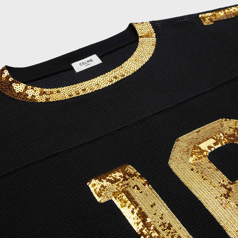 Black / Gold Celine 16 embroidered in jersey mesh T-shirts | CL-592124