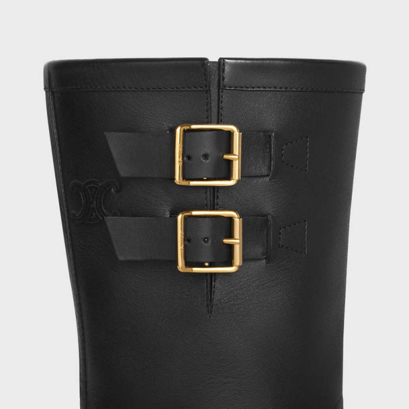 Black / Gold Celine BULKY MID BIKER WITH HARNESS in CALFSKIN - VEGETAL TANNING Boots | CL-592502