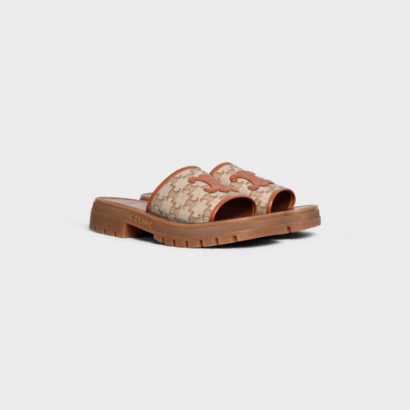 Brown / Beige Celine CLEA TRIOMPHE SLIDE in TRIOMPHE STAMPED CANVAS & CALFSKIN Sandals | CL-592569