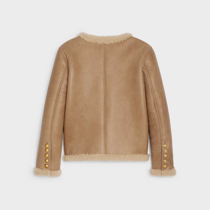 COGNAC / CREAM Celine Cardigan in curly shearling Leather | CL-592615