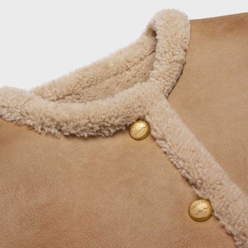 COGNAC / CREAM Celine Cardigan in curly shearling Leather | CL-592615