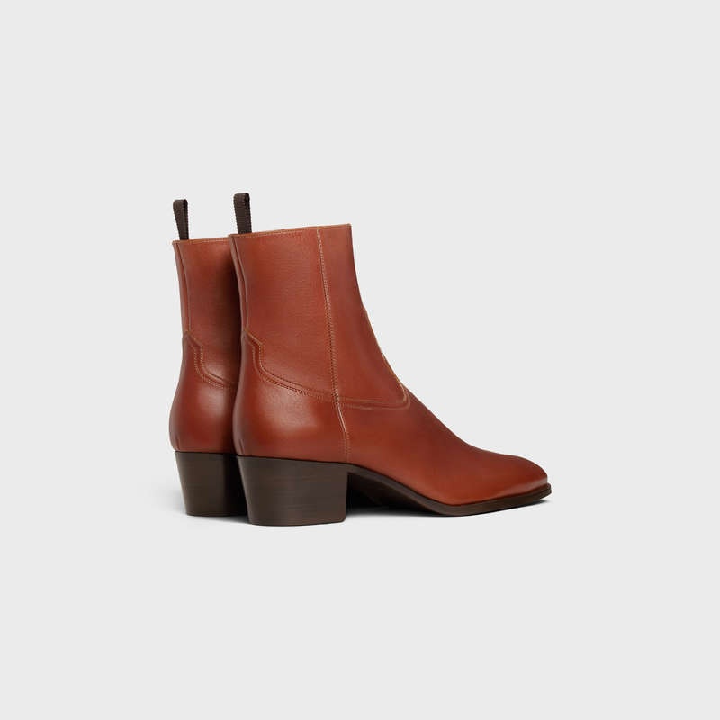 Cognac Celine WESTERN ZIPPED ISAAC in Calfskin Boots | CL-591862