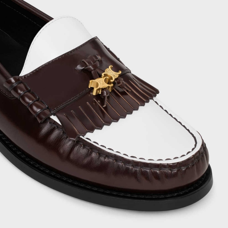 Dark Brown/White Celine LUCO WITH TRIOMPHE TASSELS in POLISHED BULLSKIN Loafers | CL-592529