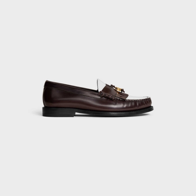 Dark Brown/White Celine LUCO WITH TRIOMPHE TASSELS in POLISHED BULLSKIN Loafers | CL-592529