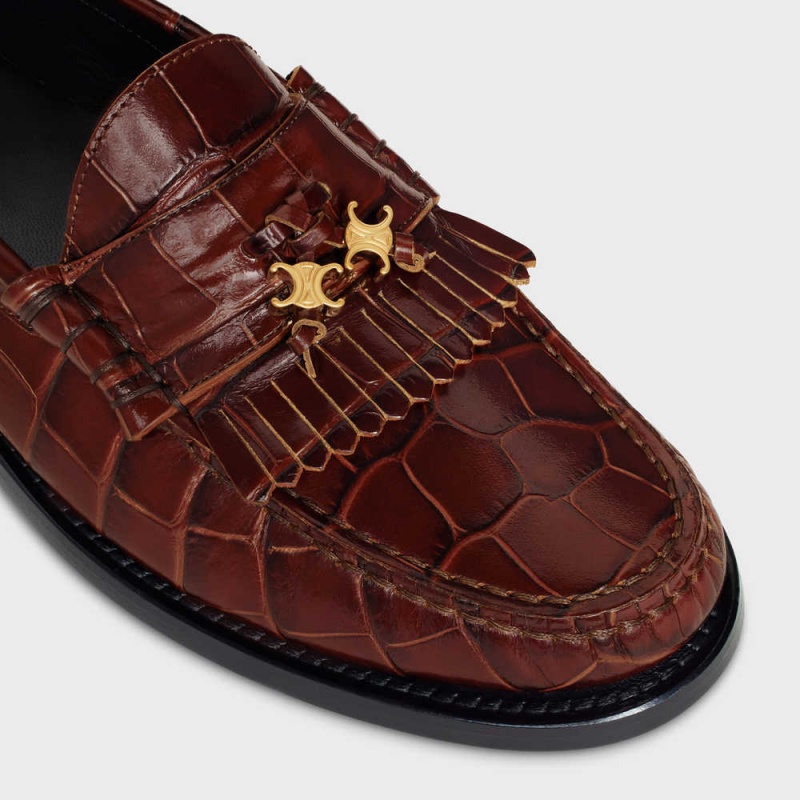 Dark Brown Celine LUCO WITH TRIOMPHE TASSELS in CROCODILE STAMPED CALFSKIN Loafers | CL-592528