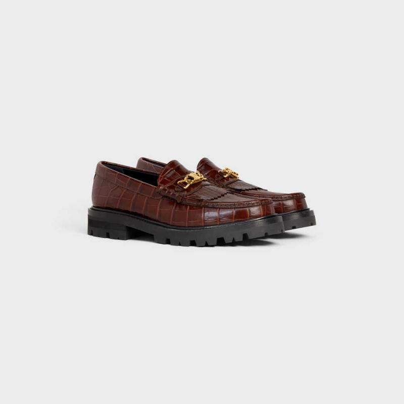 Dark Brown Celine MARGARET WITH TRIOMPHE in CROCODILE STAMPED CALFSKIN Loafers | CL-592523