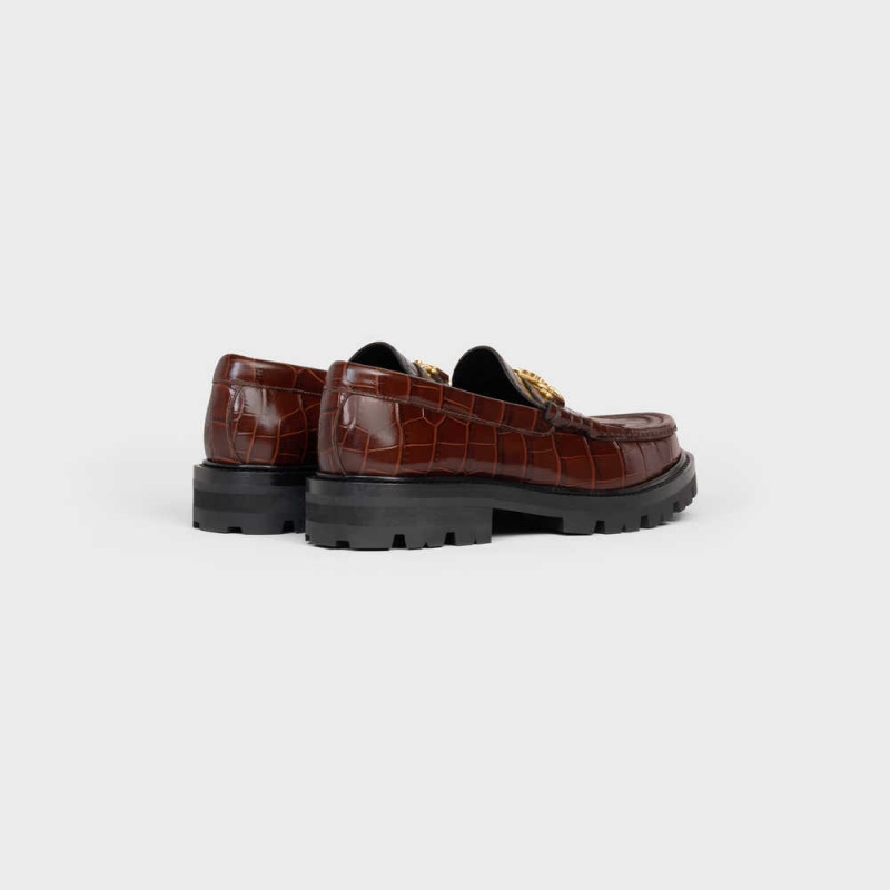 Dark Brown Celine MARGARET WITH TRIOMPHE in CROCODILE STAMPED CALFSKIN Loafers | CL-592523