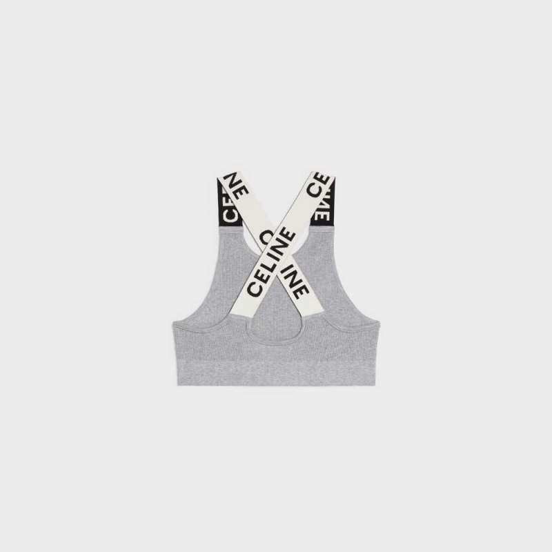 Grey/Off White Celine CROSSBACK SPORTS BRA IN ATHLETIC KNIT Sweatshirts | CL-592810