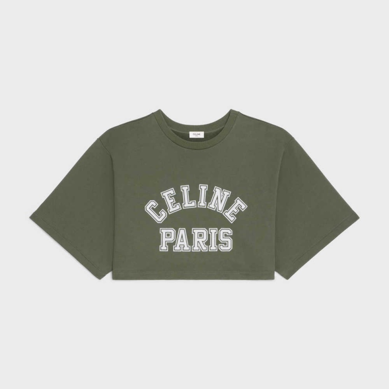 KAKI MILITAIRE/OFF WHITE Celine Cropped in Cotton fleece T-shirts | CL-592790