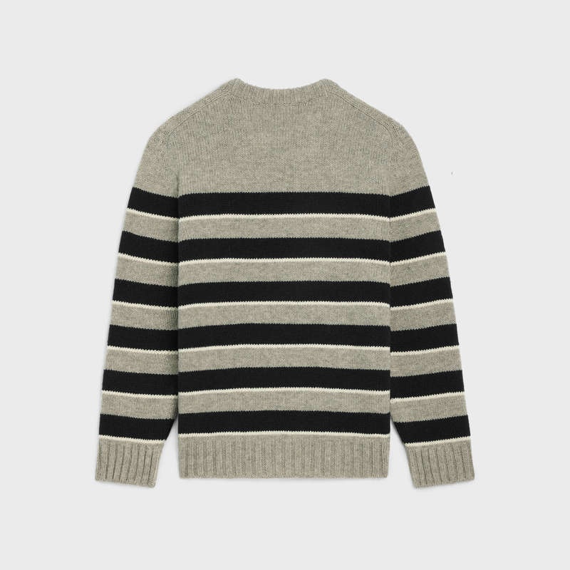 LIGHT GREY/BLACK Celine triomphe crew neck in striped wool Knitwear | CL-592100