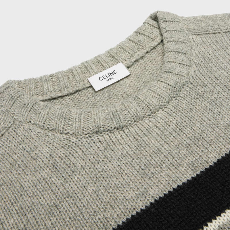 LIGHT GREY/BLACK Celine triomphe crew neck in striped wool Knitwear | CL-592100