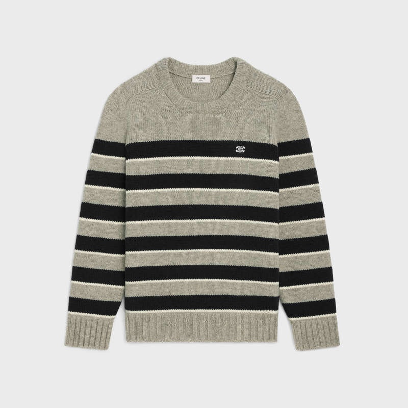 LIGHT GREY/BLACK Celine triomphe crew neck in striped wool Knitwear | CL-592100