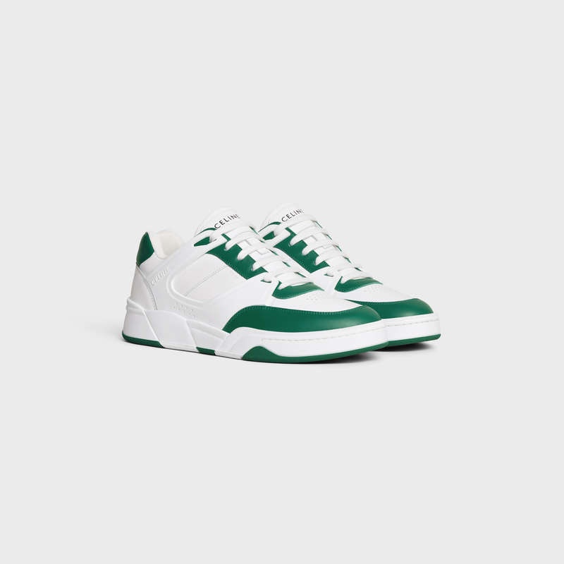 Optic White/Dark Green Celine C07 TRAINER LOW LACE-UP in CALFSKIN Sneakers | CL-591898