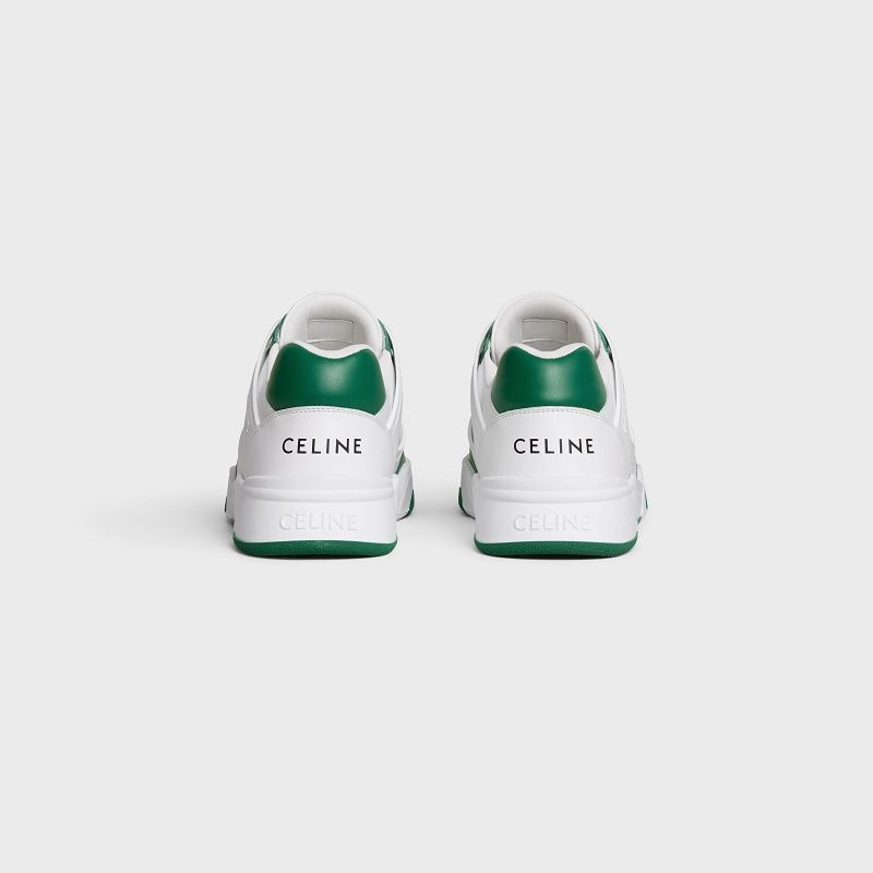 Optic White/Dark Green Celine C07 TRAINER LOW LACE-UP in CALFSKIN Sneakers | CL-591898