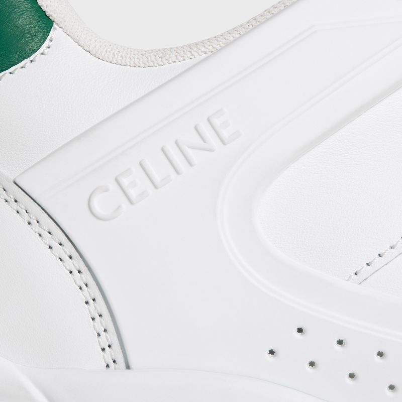 Optic White/Dark Green Celine C07 TRAINER LOW LACE-UP in CALFSKIN Sneakers | CL-591898