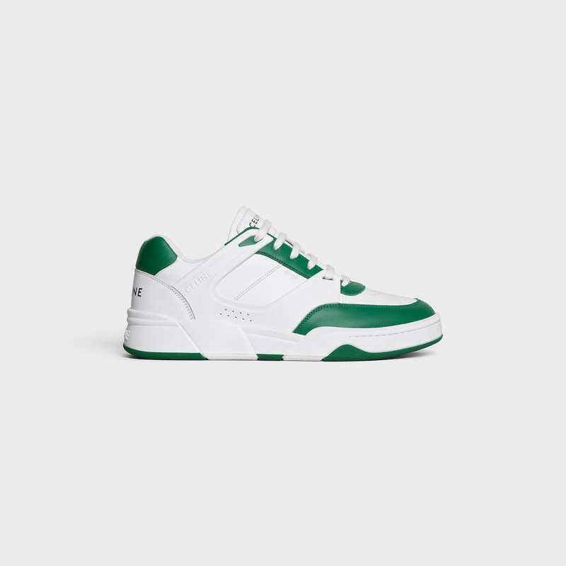 Optic White/Dark Green Celine C07 TRAINER LOW LACE-UP in CALFSKIN Sneakers | CL-591898