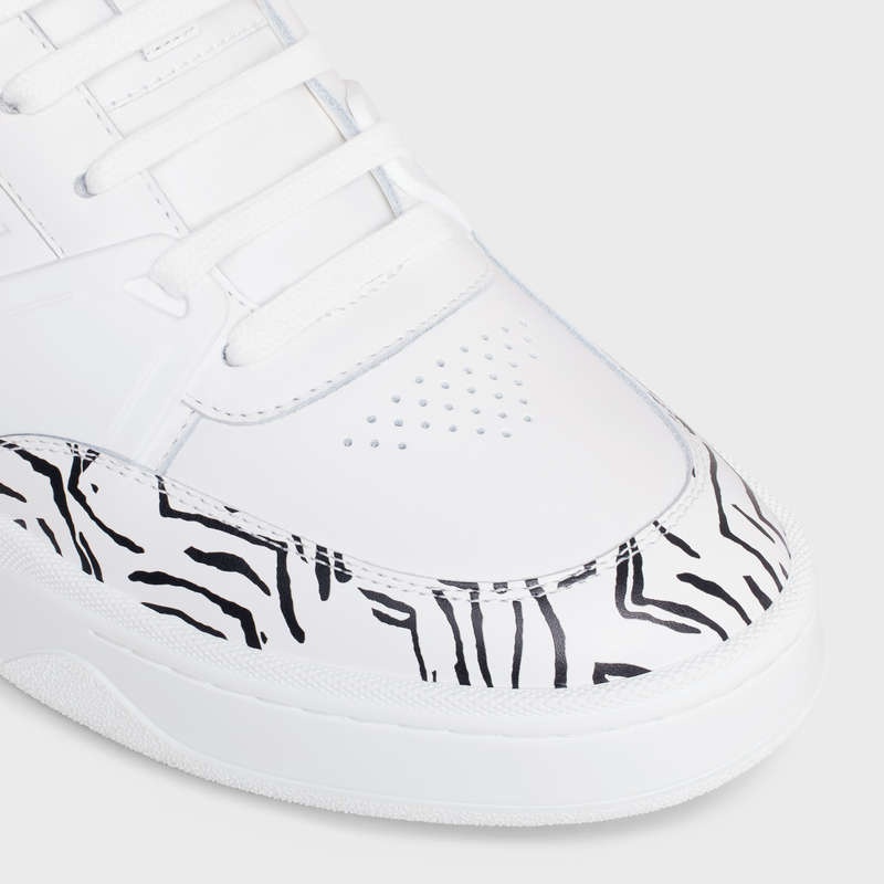 Optic White / Black Celine C07 TRAINER LOW LACE-UP in CALFSKIN & ZEBRA STAMPED CALFSKIN Sneakers | CL-591899