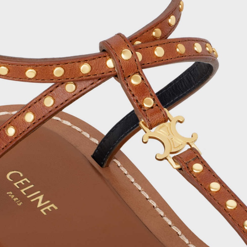 Tan Celine TAILLAT FLAT WITH STUDS in CALFSKIN - VEGETAL TANNING & STUDS Sandals | CL-592587