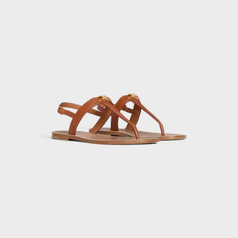 Tan Celine Triomphe Thong in Vegetable - Tanned Calfskin Sandals | CL-592590