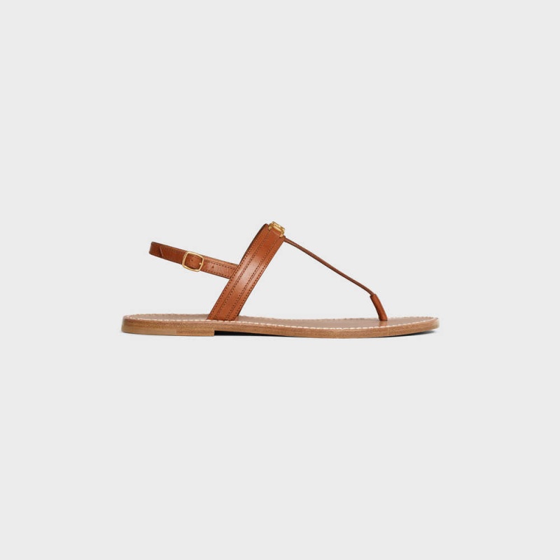 Tan Celine Triomphe Thong in Vegetable - Tanned Calfskin Sandals | CL-592590