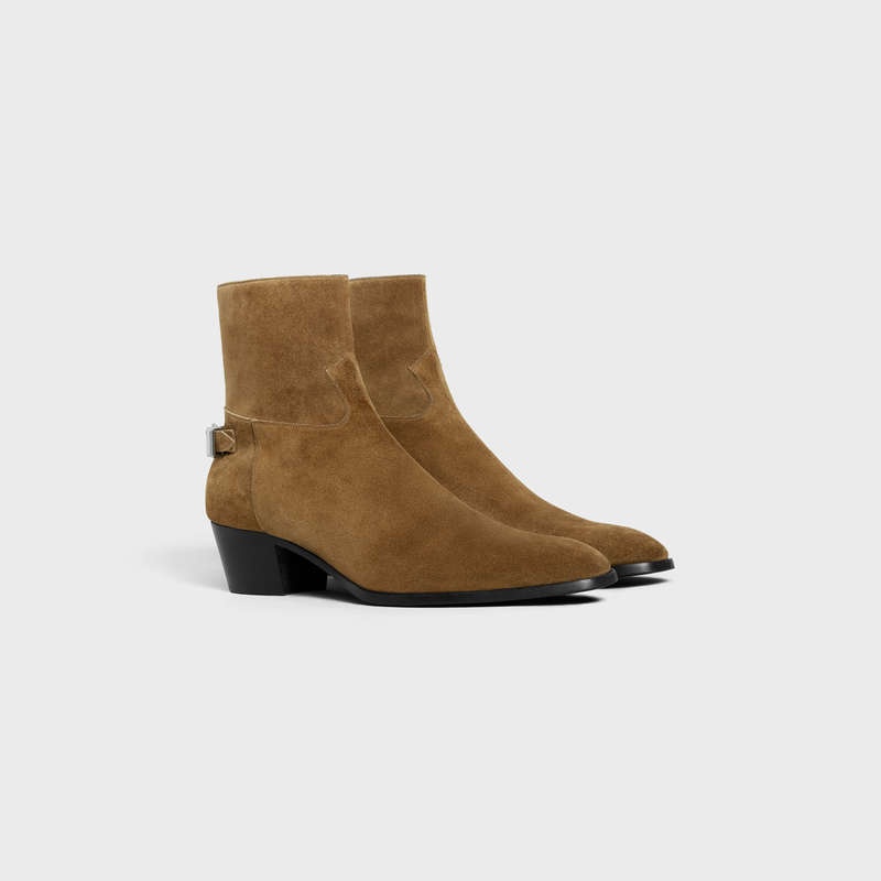 Taupe Celine BACK BUCKLE ZIPPED ISAAC in Suede Calfskin Boots | CL-591863